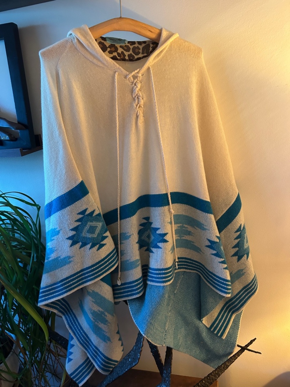 Letarte Cream and Teal Southwestern Hooded Poncho Cape handmade cashmere